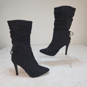 Whimsigoth Witchcore Black Heeled Boots 8W Wide Pointed Toe Bow Slouchy Mid Calf